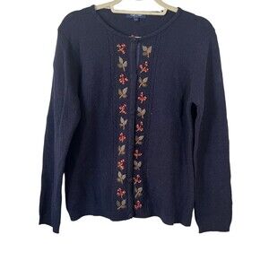 Tulchan 100% Lambswool Navy Embroidered Fall Cardigan Sweater Women's Medium